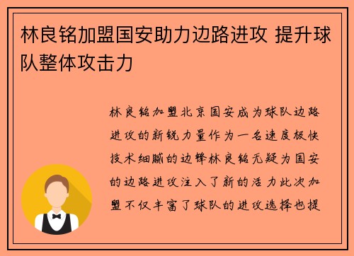 林良铭加盟国安助力边路进攻 提升球队整体攻击力